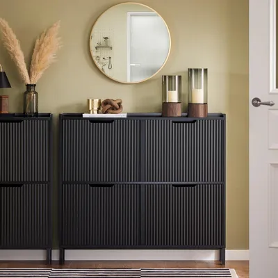 Image de Armoire à chaussures FSR177-L - Étroite - 4 portes basculantes - Bois - Moderne minimaliste - Pour couloir - Noir