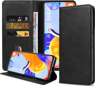 Produktbild von Smartphonica Handytasche geeignet für Xiaomi Redmi Note 11 Pro / 12 Pro 4G Kunstlederhülle mit Magnetverschluss und Kartenhalter Buchhülle mit Klappe - Schwarz