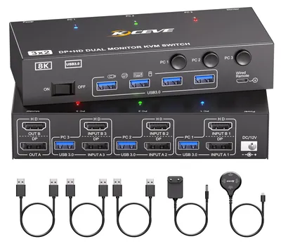 Zdjęcie produktu dla Przełącznik KVM obsługujący 3 komputery, 2 monitory, z interfejsami HDMI 8K @60Hz i DisplayPort