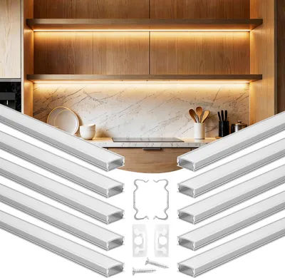 Produktbild von VEVOR LED Profil 10er-Pack 2 m, Eloxierte Aluminiumprofile mit Milchiger Abdeckung, Endkappen & Befestigungsclips, Kanäle, Diffusor für LED-Streifen, Ideal für Unterbau-Arbeitsplatten, U Form