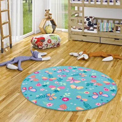 Produktbild von Kinder Spiel Teppich Schmetterling Türkis Rund, Größe:300 cm Rund