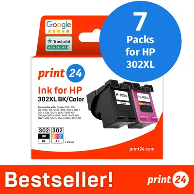 Immagine prodotto di NUOVO: print24 Cartucce d'inchiostro per HP 302XL, Multipack (BK/C/M/Y), 7 pezzi