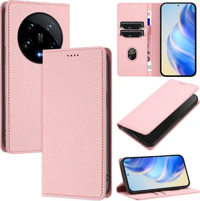 Produktbild von Litchi Leder Handyhülle für Xiaomi 14 Ultra Wallet Kartenfächer Standfunktion Hülle Pink