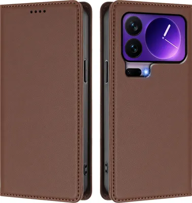 Image de Étui en cuir pour Xiaomi 17 Pro, étui à rabat magnétique en cuirPolyuréthaneavec support, marron