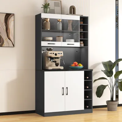 Produktbild von MODFU Vitrinen Hochschrank mit LED-Ambiente-Beleuchtung und Kabellöchern für Wohnzimmer, Buffet Aufbewahrungsmöbel mit höhenverstellbare seitliche Ablagefächer für Küche, Weiß