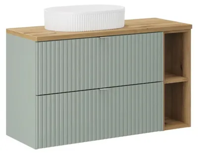Immagine prodotto di Insieme ELVINA 100cm: mobile sottolavabo con cassetti e nicchie a vista + piano per lavabo + lavabo da appoggio scanalato