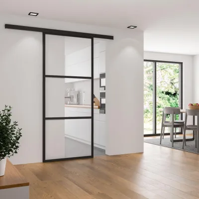 Produktbild von inova Gerahmte Glasschiebetür 1025 x 2200 mm, 3 Felder Klarglas, Stahlrahmen Schwarz, Komplettset, ohne Softclose