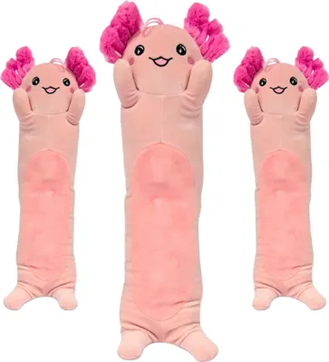 Three pink axolotl plush toys are displayed against a white background.