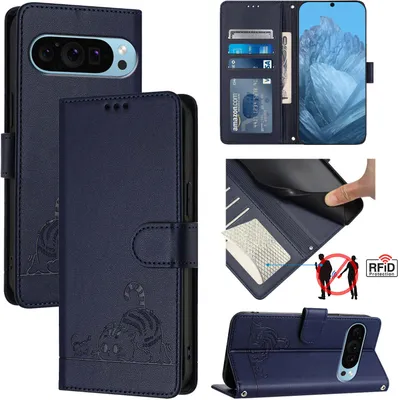 Produktbild von Leder Hülle für Google Pixel 9 Pro Süße Katze Flip Case Brieftasche Schutzhülle mit Standfunktion Blau