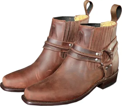 A pair of brown leather boots on a white background.