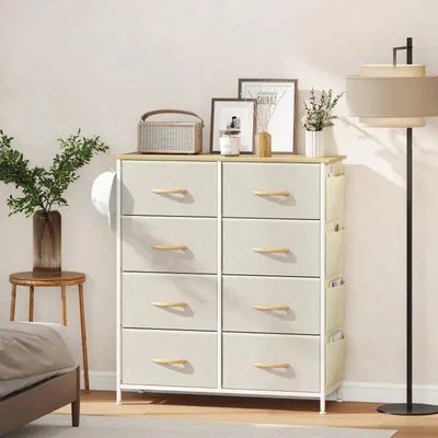 Produktbild von Kommode mit 8 Stoffschubladen 4 Aufbewahrungstaschen und 2 Haken Beistelltisch Aufbewahrungsschrank Beige