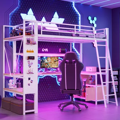 Image de Lit superposé 90 x 200 cm avec bureau, barre lumineuse LED, plusieurs étagères, espace de rangement, panneau perforé et port USB, sans matelas, de couleur blanche, style industriel, en fer et MDF