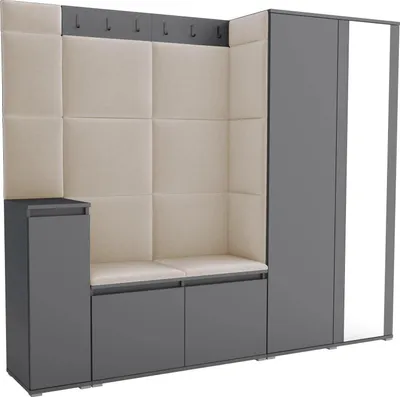 Produktbild von Garderoben-Set Noris VIII mit Spiegel, gepolsterte Garderobe 145 cm mit Schuhkommode, Wandpaneelen und Sitzbank (Farbe: Anthrazit+ Trinity 01)