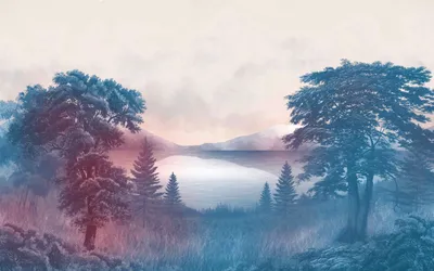 Zdjęcie produktu dla Komar fototapeta zalesiony krajobraz niebieskimIróżowym - 611231 - 400 x 250 cm