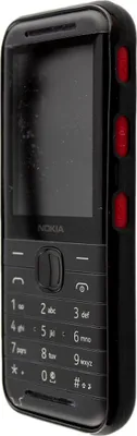 A black Nokia mobile phone with red side buttons is shown against a white background.
