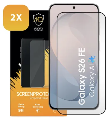 Productafbeelding van 2-Pack MobyDefend Screenprotectors - Geschikt voor  Samsung Galaxy S26 FE  -  Screensavers Met Zwarte Randen - Gehard Glas