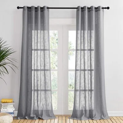 Image de Ensemble de rideaux Unyqoos® comprenant 2 pièces, aspect lin, semi-transparents, dimensions 240 x 132 cm, couleur gris foncé, en polyester, avec 8 œillets métalliques de diamètre 4 cm – Idéal pour le salon et la chambre