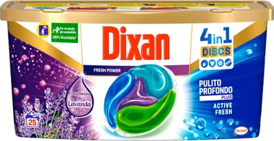 Produktbild von Dixan Discs Frische di Lavendel, vordosiertes Waschmittel in Kapseln 4 in 1, Tiefenreinigung, 25 Waschgänge, 1 x 620 g