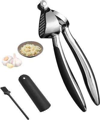 Produktbild von Unyqoos® Ergonomische Knoblauchpresse aus rostfreiem Edelstahl mit Silikon‑Schäler, Reinigungsbürste und spülmaschinenfestem Design