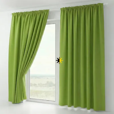 Two green curtains are shown hanging in front of a window.