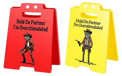 Produktbild von 1/2/3 Stück „Vorsicht Überreizung“-Tischschild „Cowboy-Frosch“ – „Halt durch, Partner, ich bin überreizt“ – Mini-Tischschild für Zuhause oder Büro – Scherzartikel für Kollegen