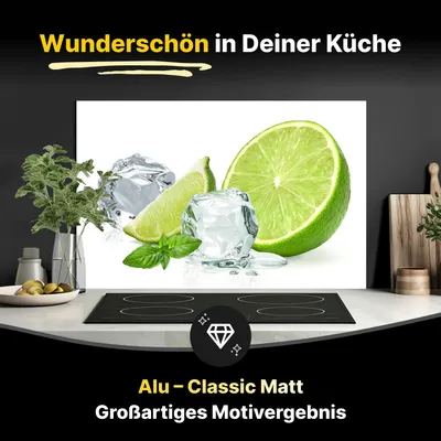 Produktbild von Spritzschutz Küchenrückwand aus Aluminiumverbund in Matt 80x40 cm - Eiswürfel mit saftiger Limette