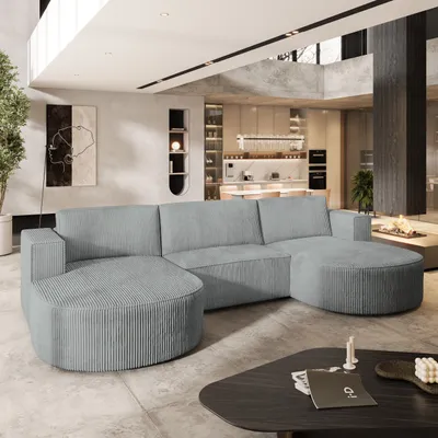 Produktbild von Masseno Ecksofa VEZZO P mit Schlaffunktion U-Form, Sofa mit Bettkasten, Wohnzimmersofa, Couch, Soffa, Bettsofa, Couchgarnitur- Hellgrau, POSO 55