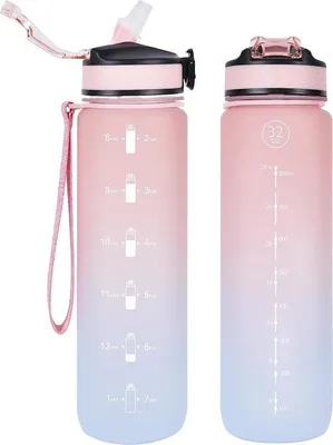 Produktbild von Famanu Sportwasserflasche 1 Liter mit Strohhalm und Zeitmarkierungen - PinkBlau