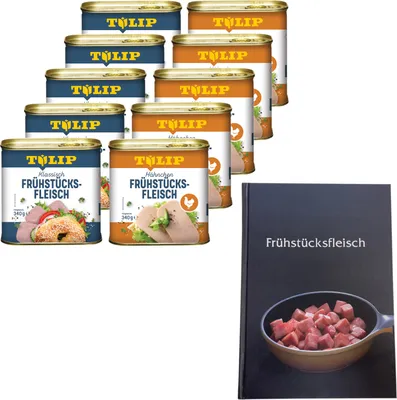 Produktbild von TULIP Bundle 10x Frühstücksfleisch Schwein Hähnchen 340g Delikatesse + Kochbuch