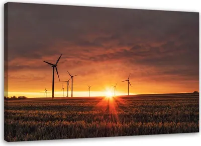 Produktbild von Leinwandbild sonnenuntergang und windmühlen 100x70 cm Feeby orange wandbild bereit zum aufhängen