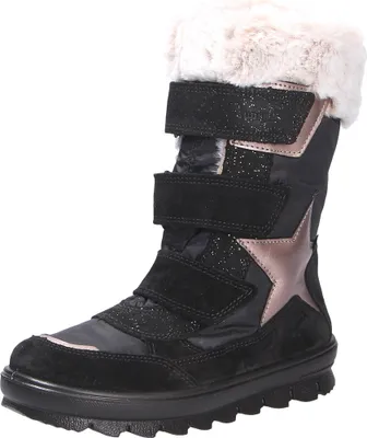 A single black boot with pink star accents and white fur trim, isolated on a white background.