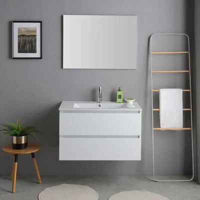 Produktbild von 80 cm Badmöbel-Set aus Waschtisch, Unterschrank und Spiegel, Holzoptik weiß | Bilbao