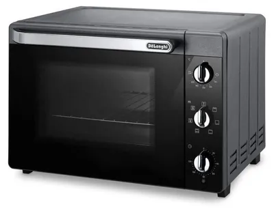 A black De Longhi toaster oven with a silver handle and control knobs is shown against a light gray background.