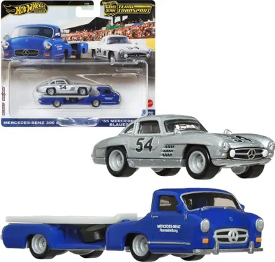 A Hot Wheels Team Transport set featuring a blue truck and a silver Mercedes-Benz 300 SL.