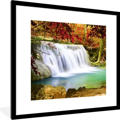 Produktbild von MuchoWow® Gerahmtes Poster Herbst - Wasserfall - Natur 40x40 cm - Poster mit Schwarzem Bilderrahmen Wandposter Rahmen Foto Bilder - Poster - Plakat im Rahmen