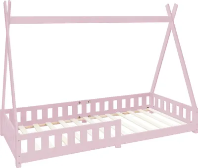 Produktbild von ML-Design detská posteľ Tipi 90x200 cm s ochranou proti vypadnutiu a lamelovým roštom, ružová, z borovicového dreva, domček s ohrádkou