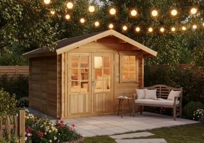 Produktbild von Alpholz Gartenhaus Set Palermo 331x331cm Natur mit Boden & Dacheind.