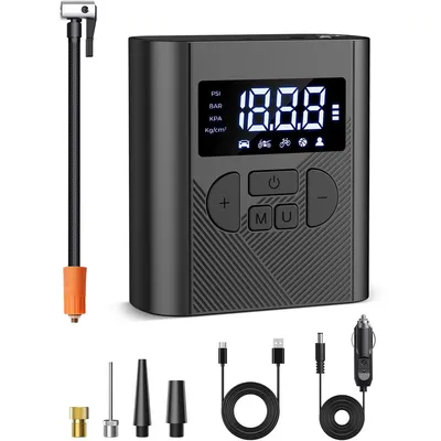 Produktbild von Kabellose Luftpumpe für Auto-, Fahrrad- und Motorradreifen mit 150 PSI, LCD-Druckanzeige, LED-Licht und geeignet für Bälle. Tragbar und effizient.