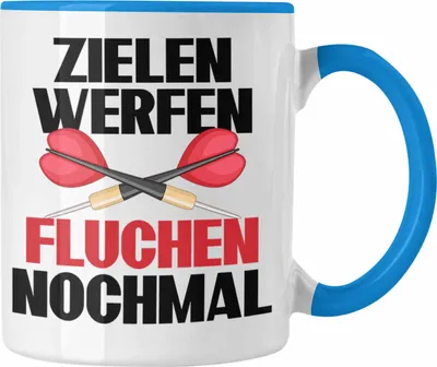 Produktbild von Trendation - Darts Tasse Geschenk Dart-Spieler Geschenkidee Lustiger Spruch Zielen Werfen Fluchen Nochmal (Blau)