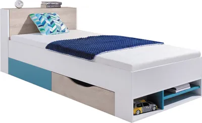 Produktbild von Jugendbett 90x200cm in weiß mit Eiche und blau, PITTSBURGH-133