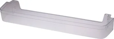 A clear plastic refrigerator door bin.