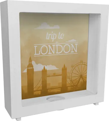 Produktbild von Rahmen Spardose aus Holz mit schönem Motiv und Text - Trip to London in gelb