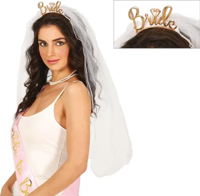 Productafbeelding van Bruidsfeest, sluier, kroon, vrijgezellenfeest, glamour, diva-stijl, bruidsdecoratie, zilveren accenten, hoofdsieraad, evenement, feest, bruidegom, feestkleding, kleur: wit