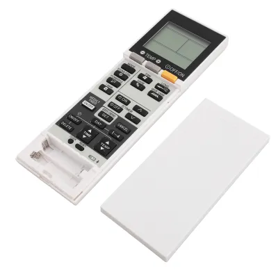 A remote control for an air conditioner with its battery cover removed.