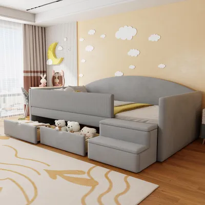 Immagine prodotto di Letto imbottito Flieks 90x190cm con 2 cassetti, divano letto per bambini con scale, letto a soppalco per bambini con protezione anticaduta, velluto, grigio
