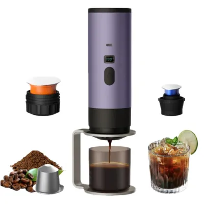 FORSMANO Tragbare Kaffeemaschine, 90 ml, 15 Bar, Kabellos, Digitale Anzeige, 7800 mAh Akku, Kompatibel mit Kapseln & Kaffeepulver, mit Ständer, Lila