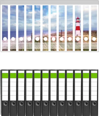 Produktbild von Wallario 12 Stück schmale Ordner inkl. Klebeetiketten mit Motive Leuchtturm am Strand von Sylt -  Set mit Rückenschildern / Ordnerrücken Stickern