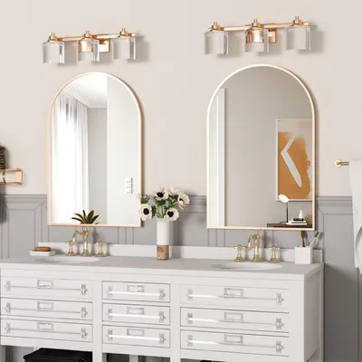 Image de Miroirs muraux bombés, lot de 2, 60 x 90 cm, cadre en métal doré, pour salle de bain ou chambre