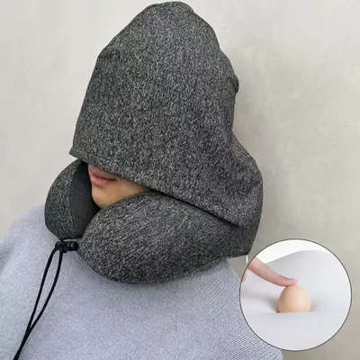 Produktbild von Nackenkissen, Reisekissen mit Haube, Memory Foam Nackenstützkissen, Orthopädisches Nackenhörnchen, Mit Augenmaske, Ohrstöpseln, Kordelzug beutel