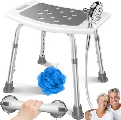 A collage of a shower chair, a shower puff, a grab bar, and a couple. The shower chair is the main focus.